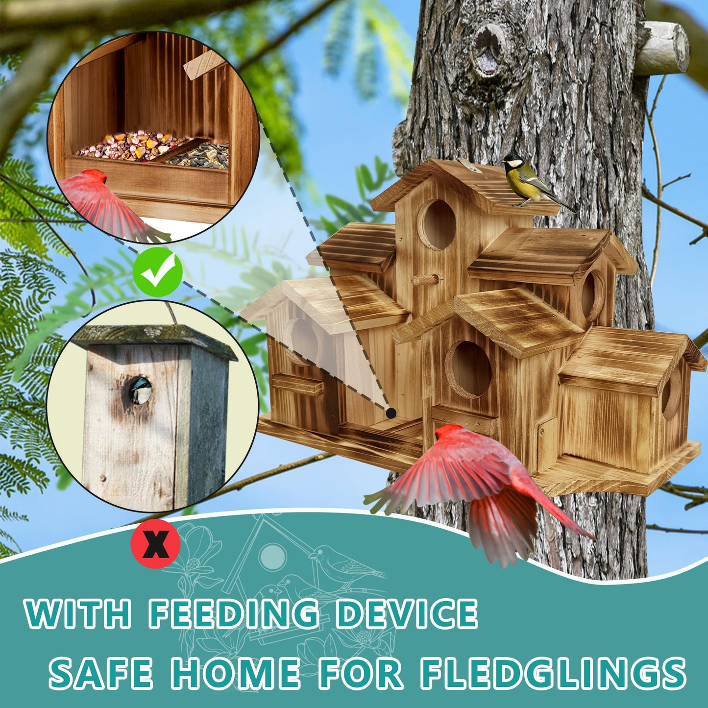 Wooden Bird House for Outside, 7-Compartment Large Birdhouse Castle with Perches, Weatherproof Burnt Wood Hanging Bird Nest for Garden Patio, Decorative Bird Shelter for Bluebird, Finch, Sparrow