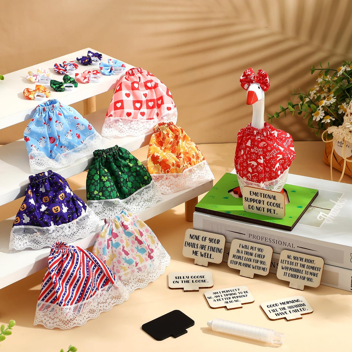 AceOrbit 19 Pcs Holiday Magnetic Goose Key Holder with All Season Outfits 4th of July 250th Anniversary Resin Desk Geese Statue with Writable Interchangeable Sign Chalk for Home Table Decor(Classic)