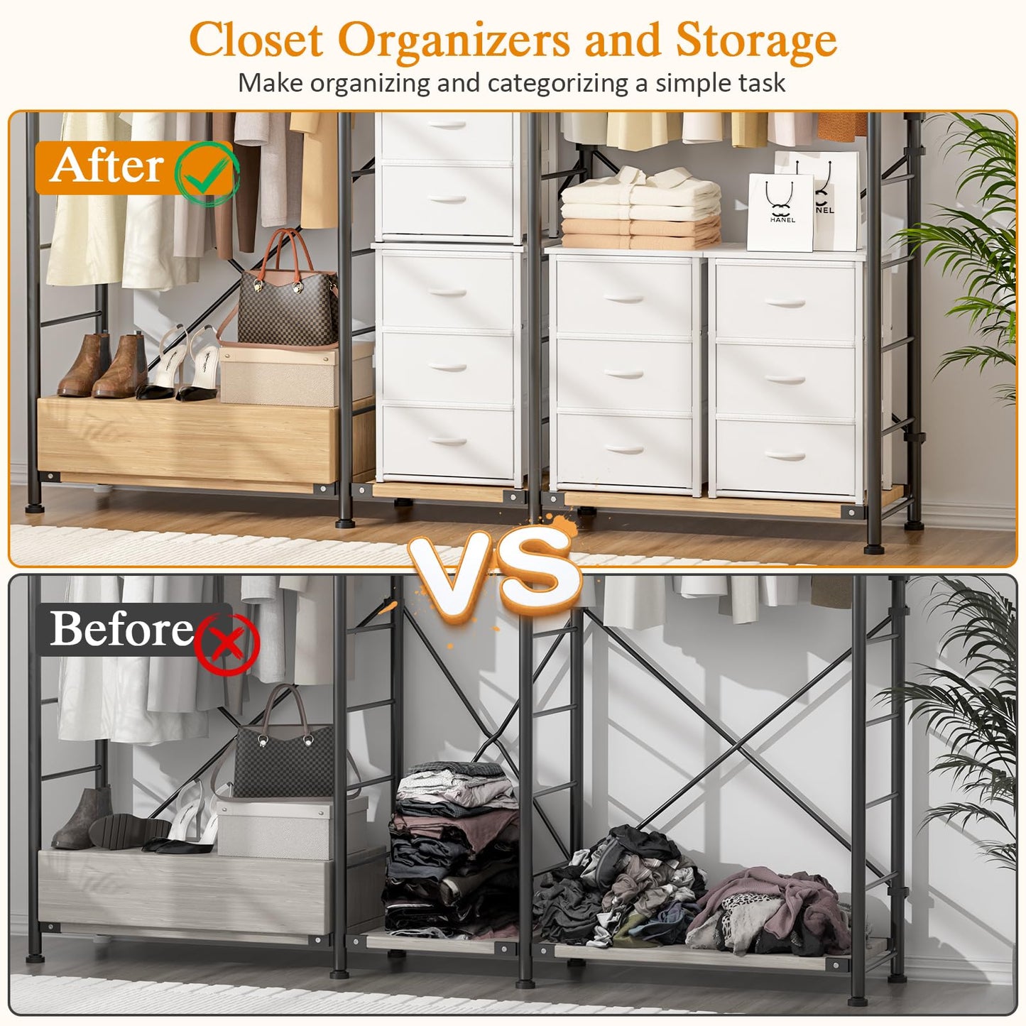 DAOUTIME Stackable Storage Drawers, 3 Drawers for Closet Clothes, White Closet Organizer with Wooden Top & Metal Frame, Freestanding or Stackable Dresser for Bedroom, Living Room