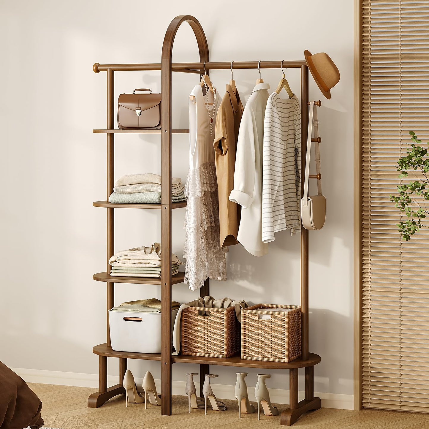 HOTAMO 41.3" Wide 3-in-1 Freestanding Clothing Rack, Wooden Coat Rack with 4 Shelves and 5 Hooks, Solid Rubber Wood Coat Rack with Shelves for Entryway, Bedroom, Living Room, Walnut