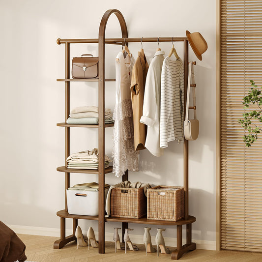HOTAMO 41.3" Wide 3-in-1 Freestanding Clothing Rack, Wooden Coat Rack with 4 Shelves and 5 Hooks, Solid Rubber Wood Coat Rack with Shelves for Entryway, Bedroom, Living Room, Walnut