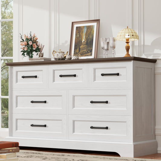 YESHOMY Dresser for Bedroom, Farmhouse 7 Drawers Dresser, Chest of Drawer Chest, Multi-Tier Clothing Storage Cabinet, White and Brown