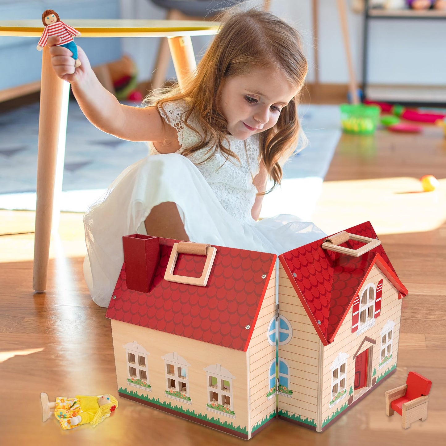 Foldable Wooden Dollhouse with 13PCS Furniture, 4 Rooms and 2 Flexible Dolls, Pretend Play Doll House Set with Portable Handle, Christmas Birthday Gift for Boys Girls Age 3+