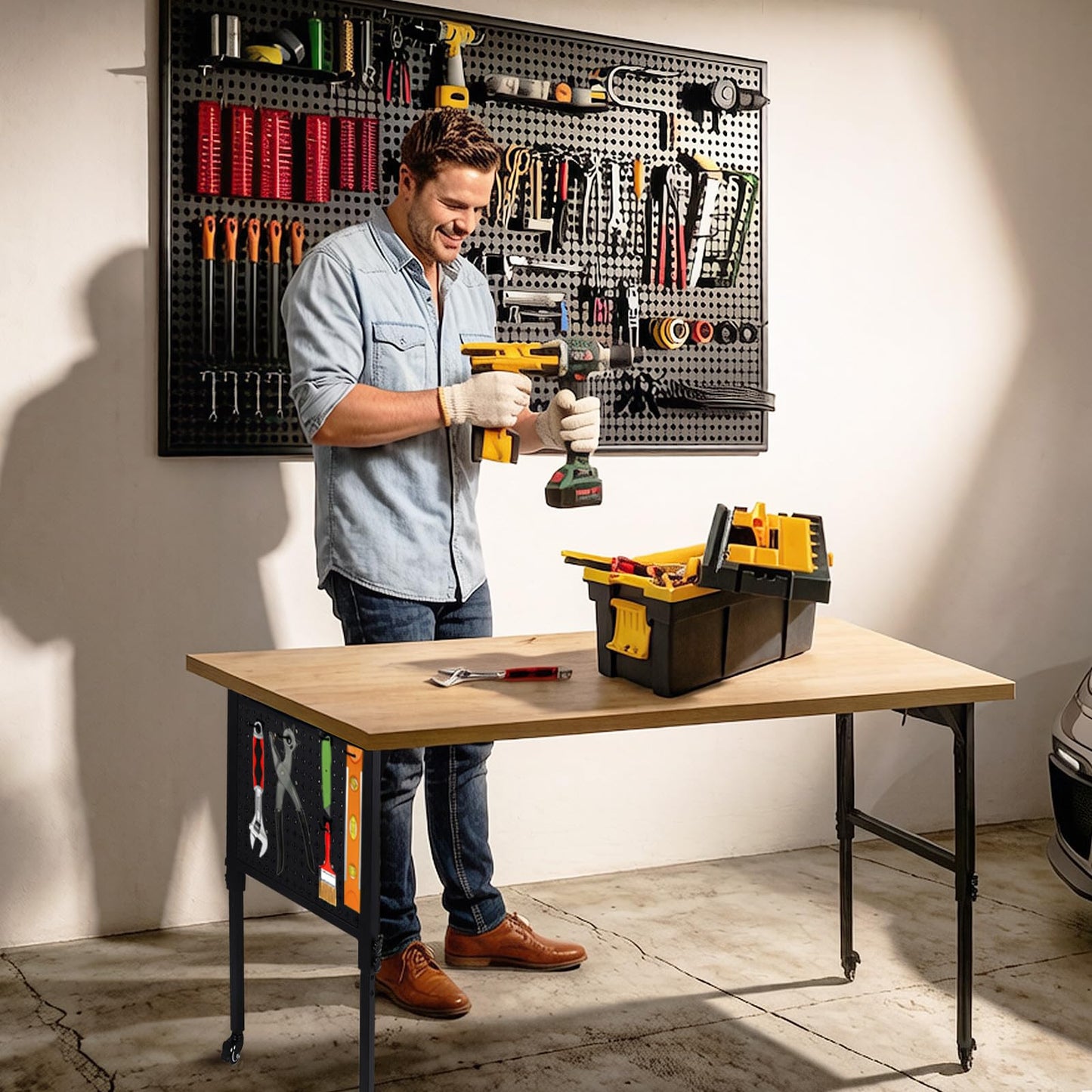 Adjustable Height Workbench Legs with 4 Metal Wheels, Sturdy Industrial Furniture Table Legs with one Pegboard Panel, Perfect for Rolling Work Table and Work Bench