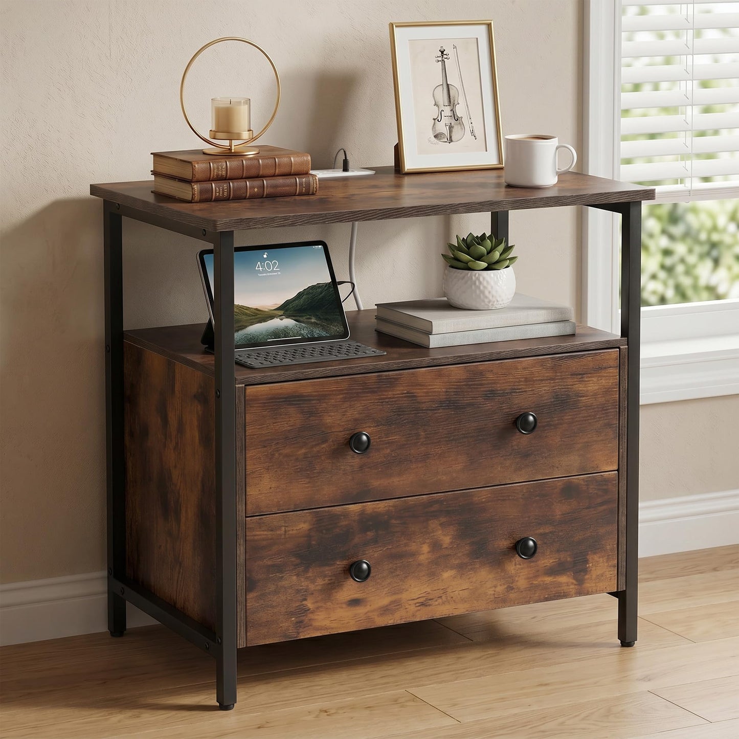 Edbuosy 27 inch Wide Night Stand with Charging Station, Bedside Table with Open Shelf, 2 Drawers Small Wood Dresser, Modern Wood Nightstand for Bedroom/Living Room, Retro Brown