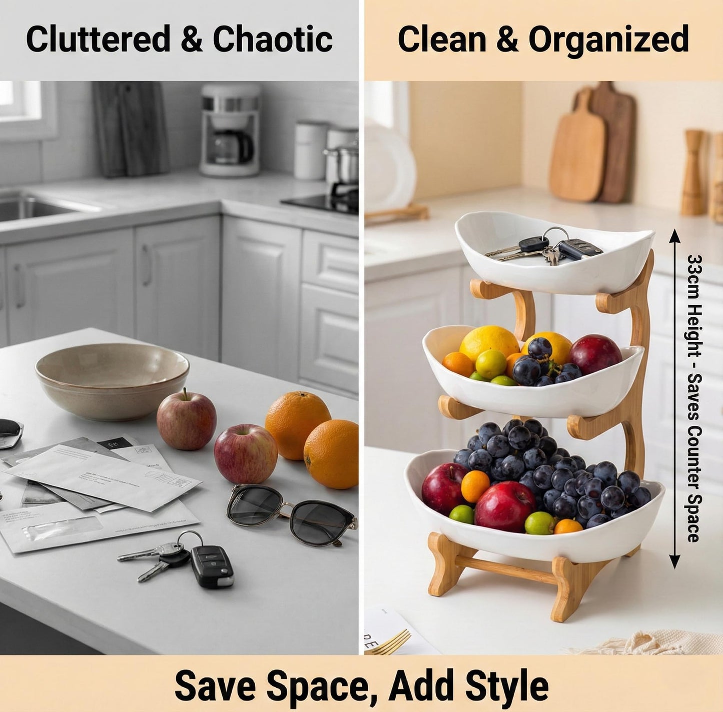 TOSCARA Bamboo Fruit Stand - 3 Tier Ceramic Fruit Bowls with Wooden Stand – Fruit Holder for Kitchen, Dining Table & Living Room – Decorative Countertop Organizer for Fruits, Vegetables & Snacks