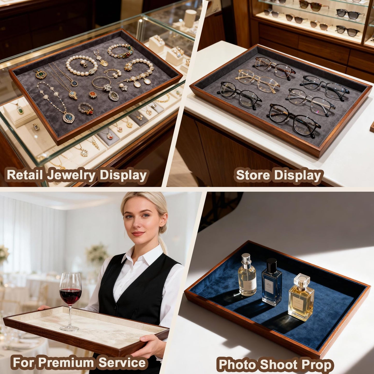 IXARO Large Solid Wood Jewelry Watch Tray, Velvet Jewelry Board Display Trays for Key Wallet Ring，Stackable Wooden Jewelry Drawer Organizer Showcase Jewelry Holder(Grey)