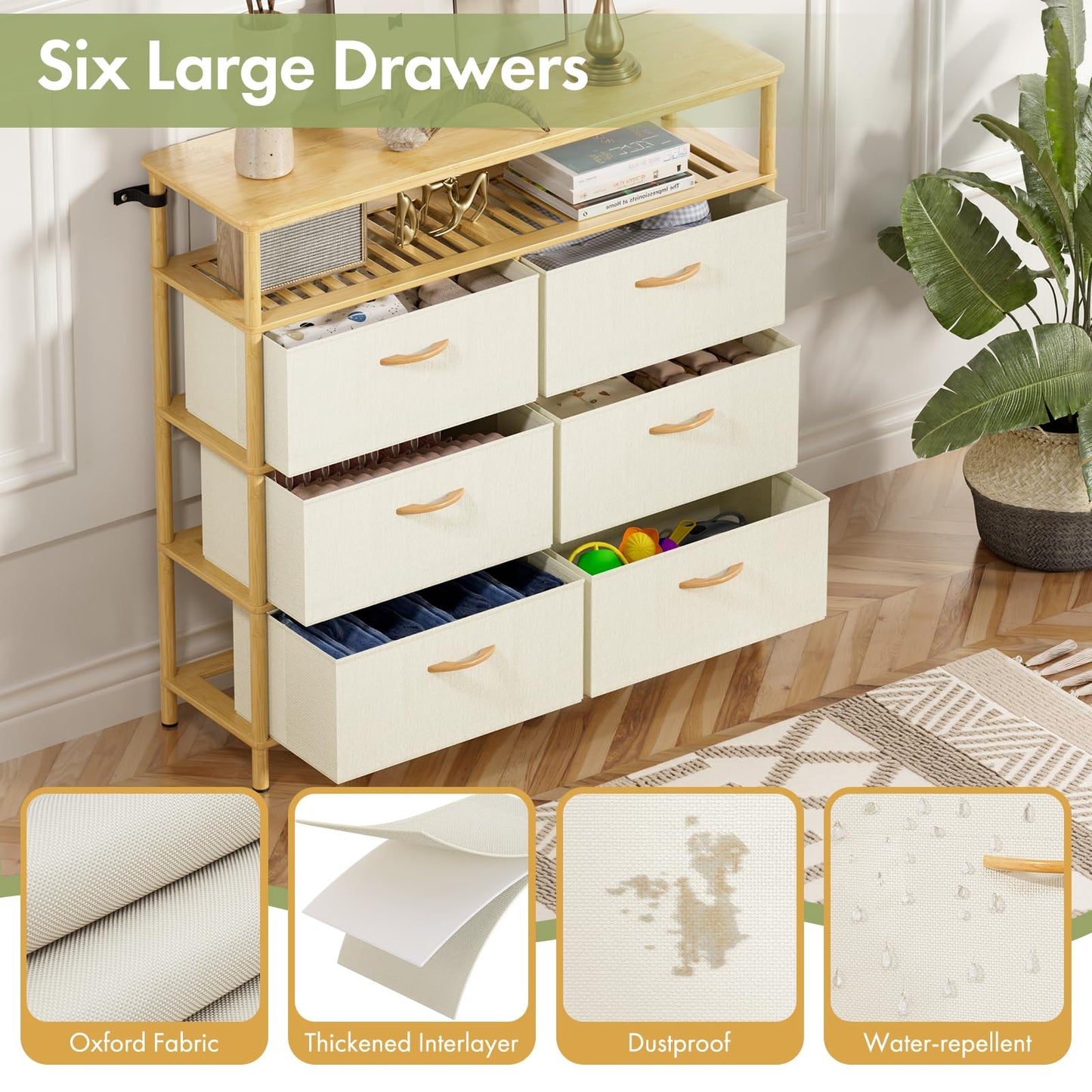 EZ2LIVE Solid Wood Dresser, Dresser with 6 Drawers, Solid Bamboo Frame Paired with Fabric Storage Boxes, Large Capacity, Stable and Durable, Versatile Style, for Bedrooms, Living Rooms, and Hallways