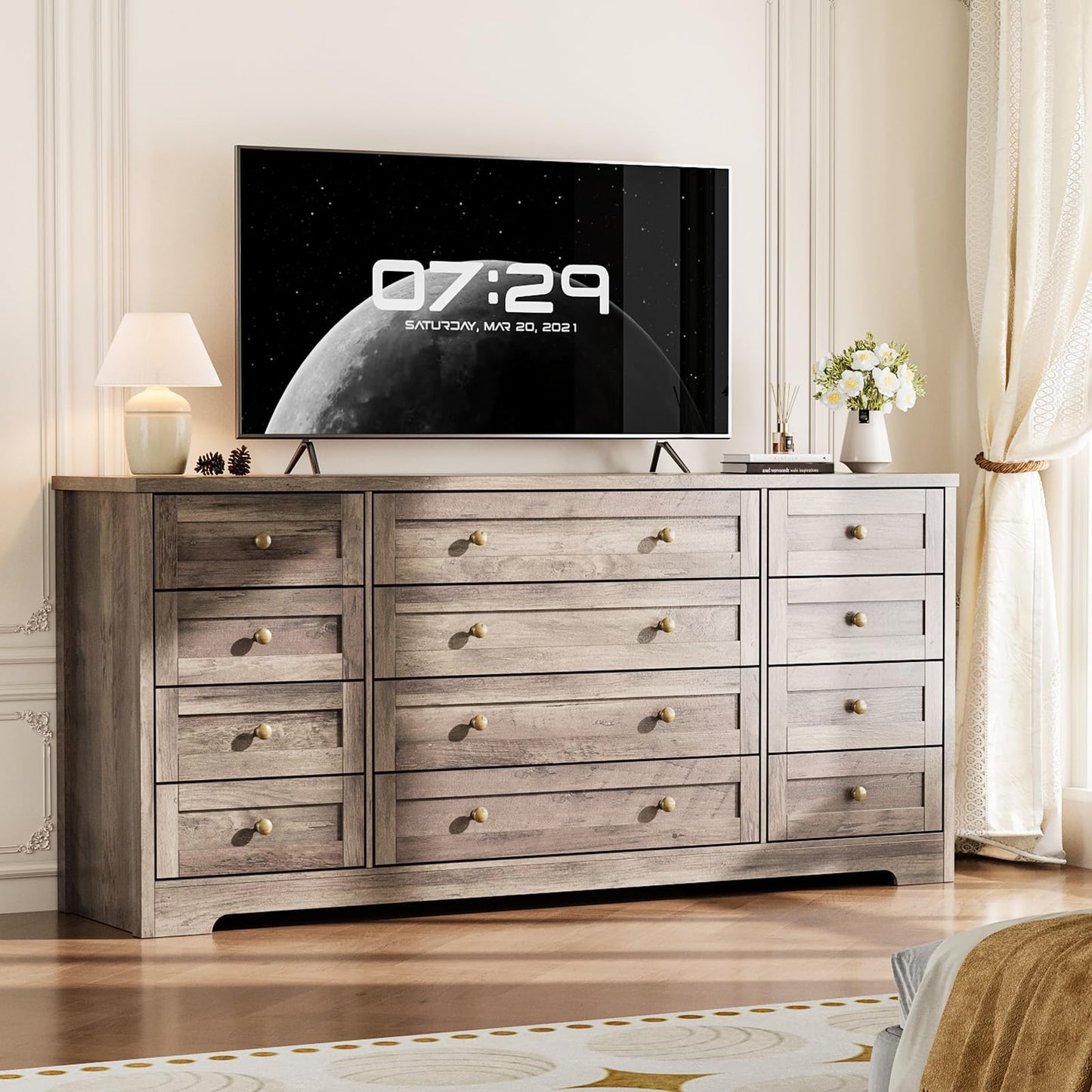 Garvee 12 Drawer Wooden Dressers for Bedroom, Grey Dresser for Adult Bedroom, Modern Wood Chest of Drawers for Living Room, Closet, Entryway, Hallway, Farmhouse Wide TV Stand for 65 Inch TV