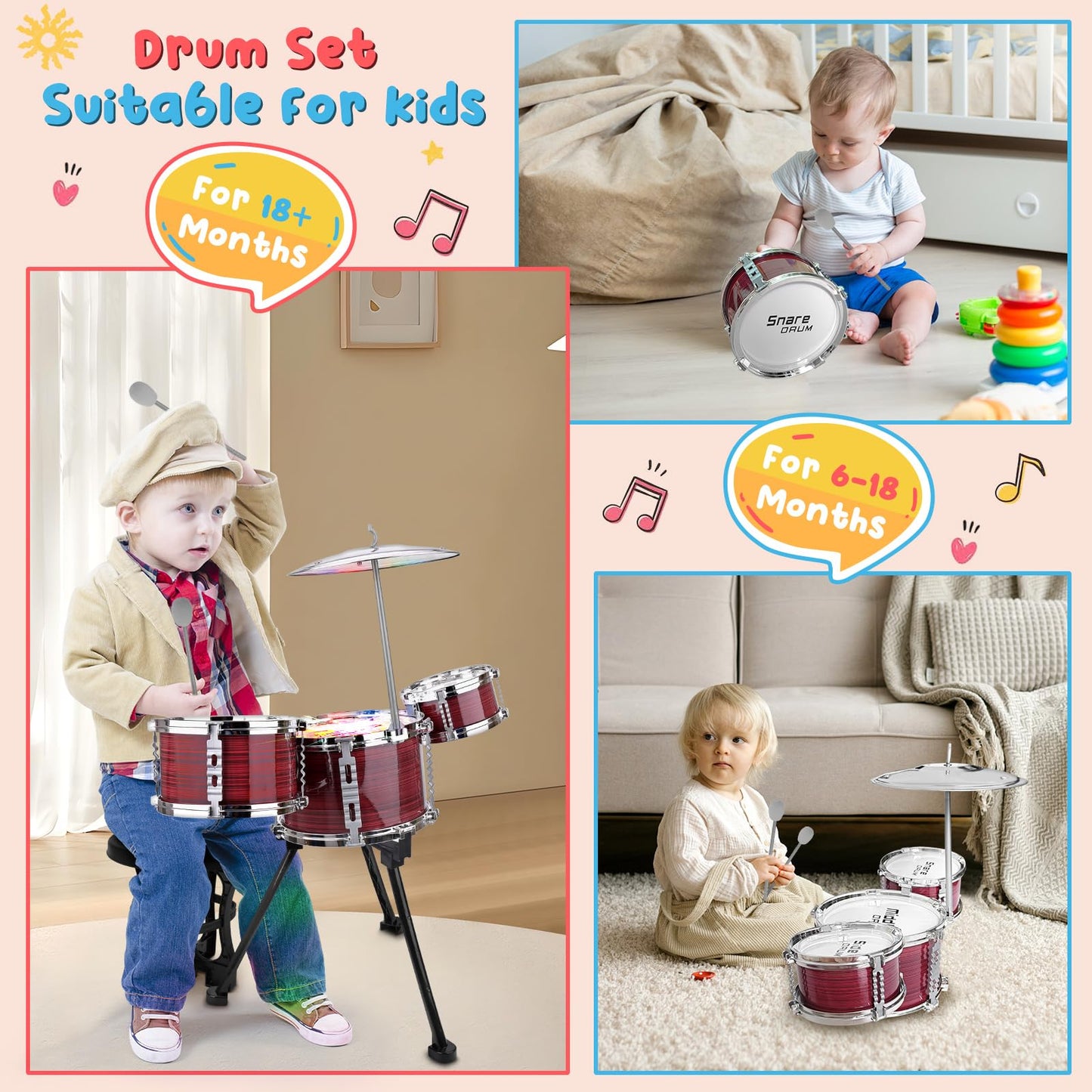 Upgraded Toddler Drum Set with Lights Kids Jazz Drum Kit, Musical Instrument Toys for Toddler 3-5 Boys Girls Christmas Birthday Gift
