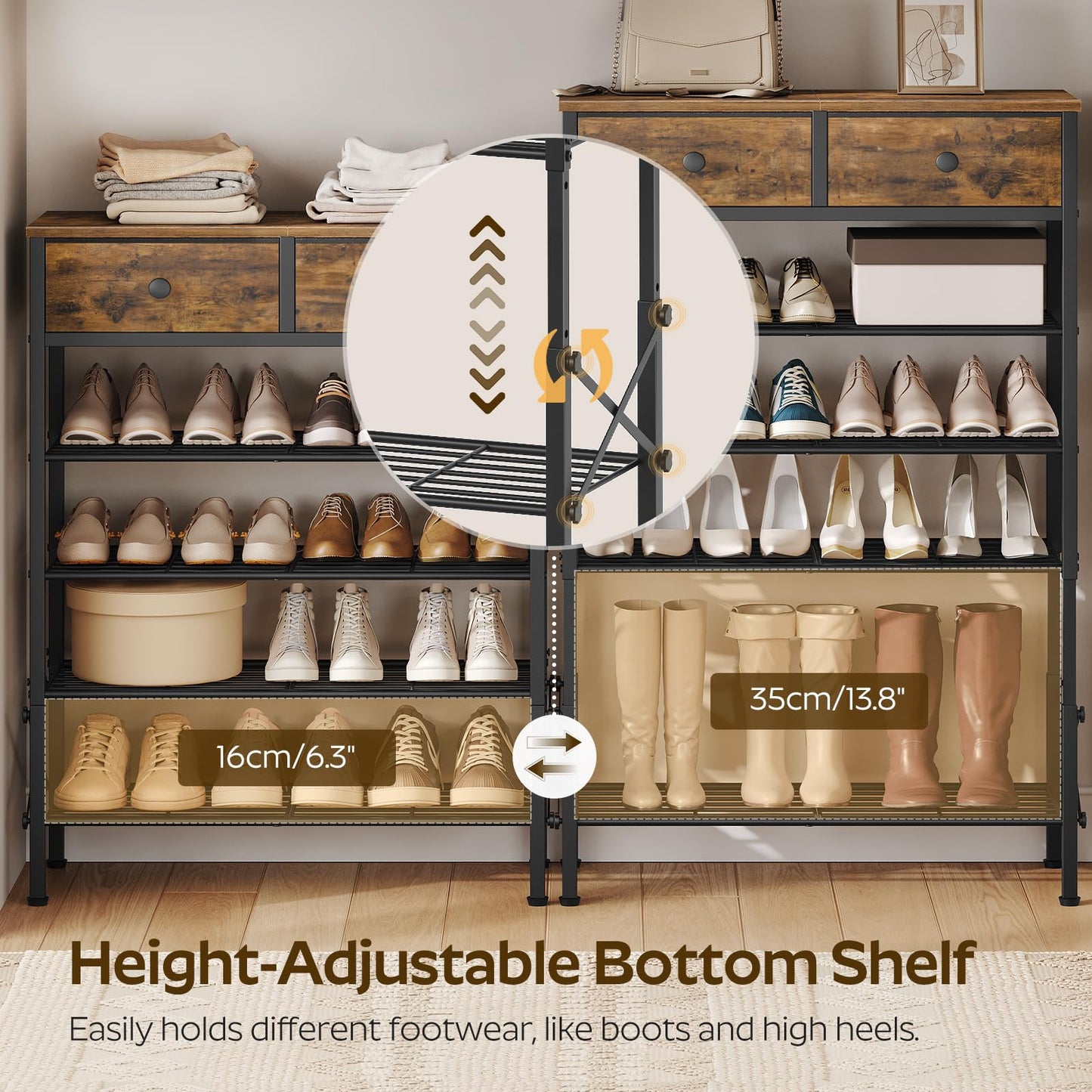 YATINEY 10-Tier Narrow Shoe Rack, Tall Shoe Rack for 10-20 Pairs, Shoe Storage Shelf with 2 Non-Woven Drawers, SS68BC-SS11BR