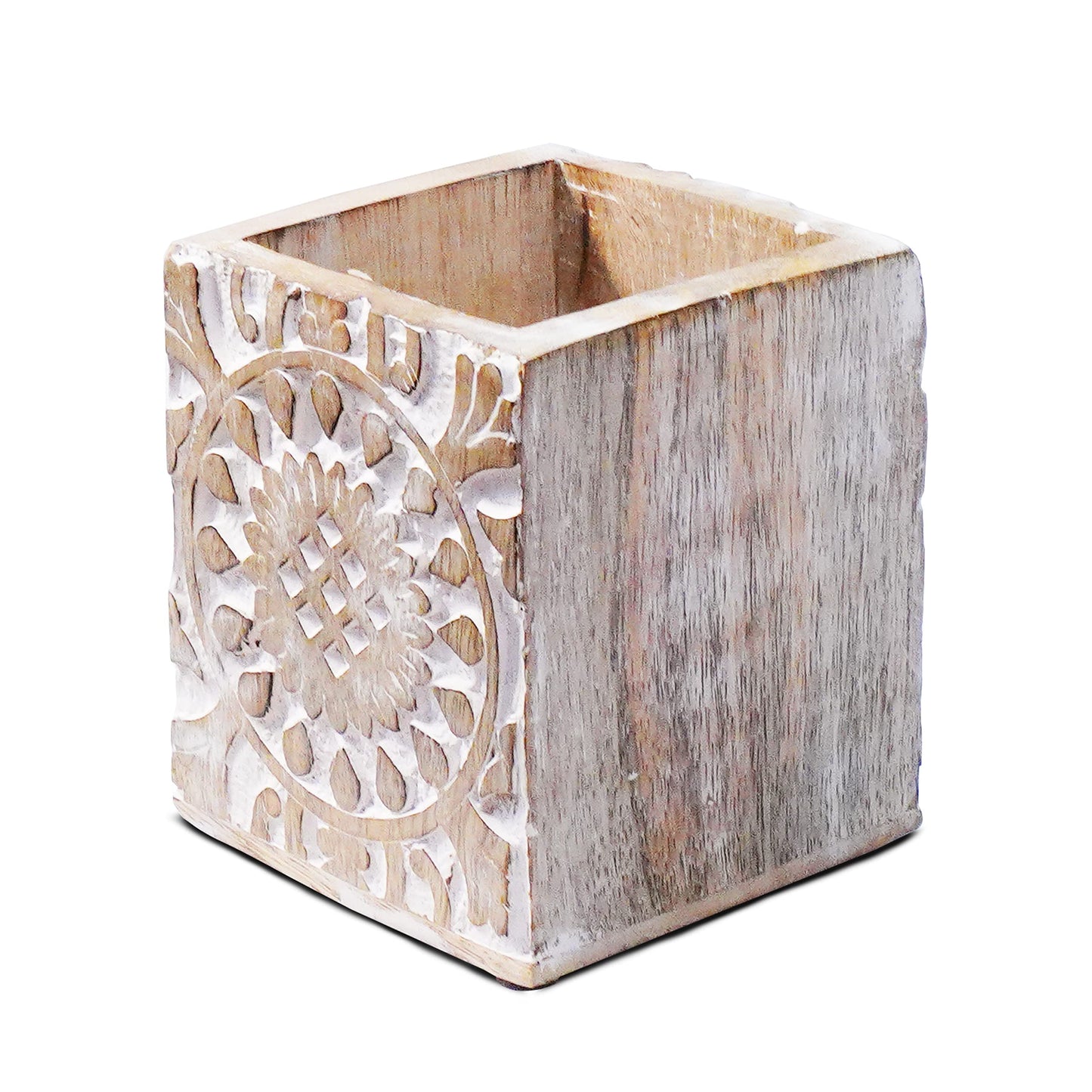 Mela Artisans Wooden Pen Holder, Whitewash Pencil Cup, Hand Carved Mango Wood Desk Organizer for Pens, Pencils, Makeup Brushes and Art Supplies, Library Decor with Felt Base, 3.5 x 3.5 x 4 in - Ajenta