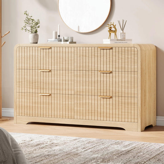 Jocoevol Modern 6 Drawer Dresser, 47" Wide Wood Dressers & Chests of Drawers Curved Profile Design, Mid Century Modern Fluted Dresser for Bedroom, Natural Oak