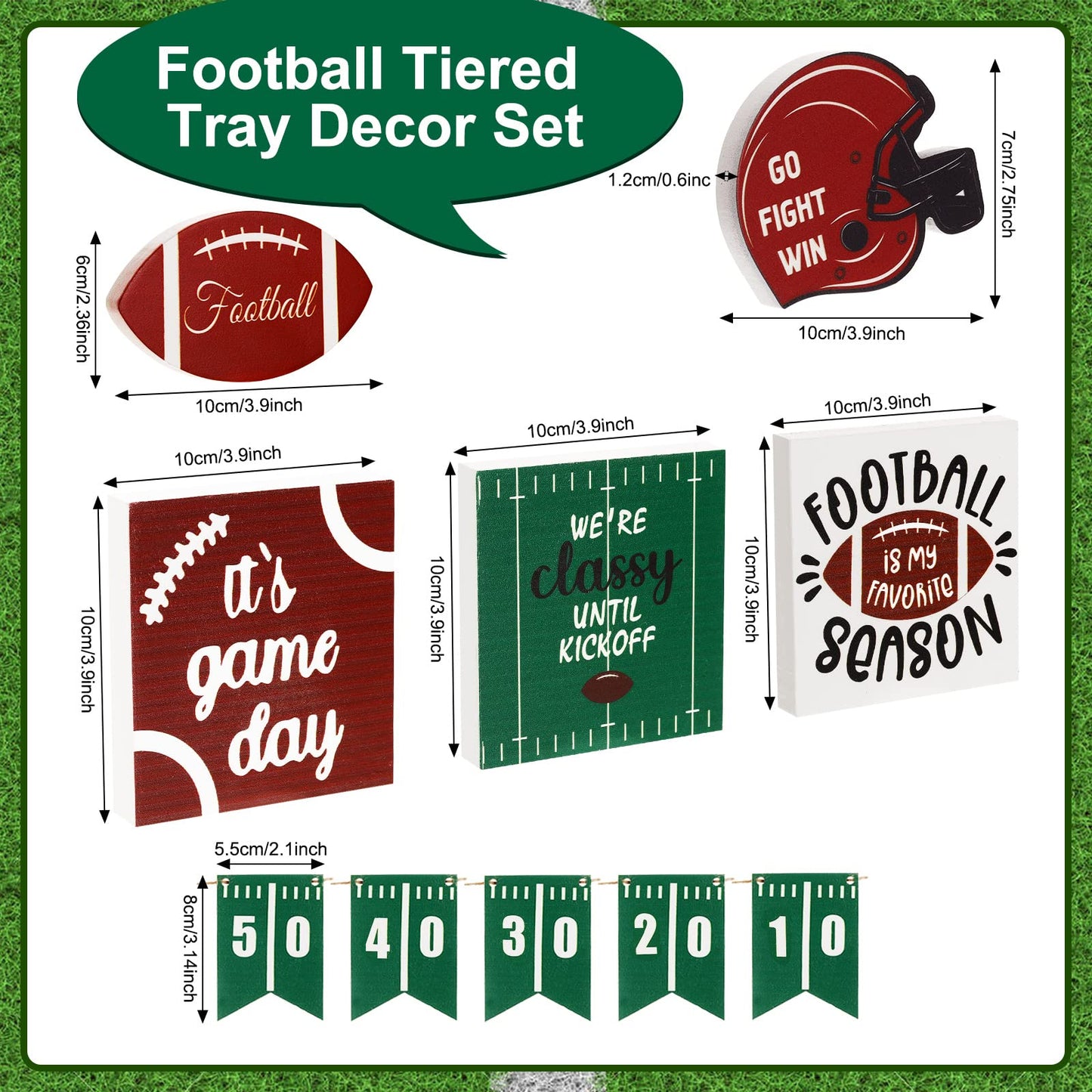 Sawysine 10 Pcs Football Tiered Tray Decor Farmhouse Football Decor Wooden Rustic Football Game Sign Go Fight Win Helmet Blocks Football Tray Decor for Football Season Table Party(Classic Style)