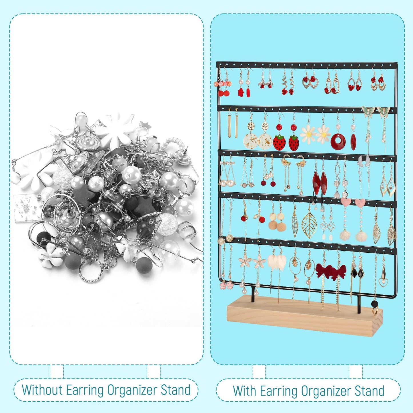 shidaishiye Earring Holder Organizer, 5-Tier Earring Organizer with 60-Pair Capacity, Wooden Base Metal Earring Display, Jewelry Storage & Display for Home Store, Suitable for Women