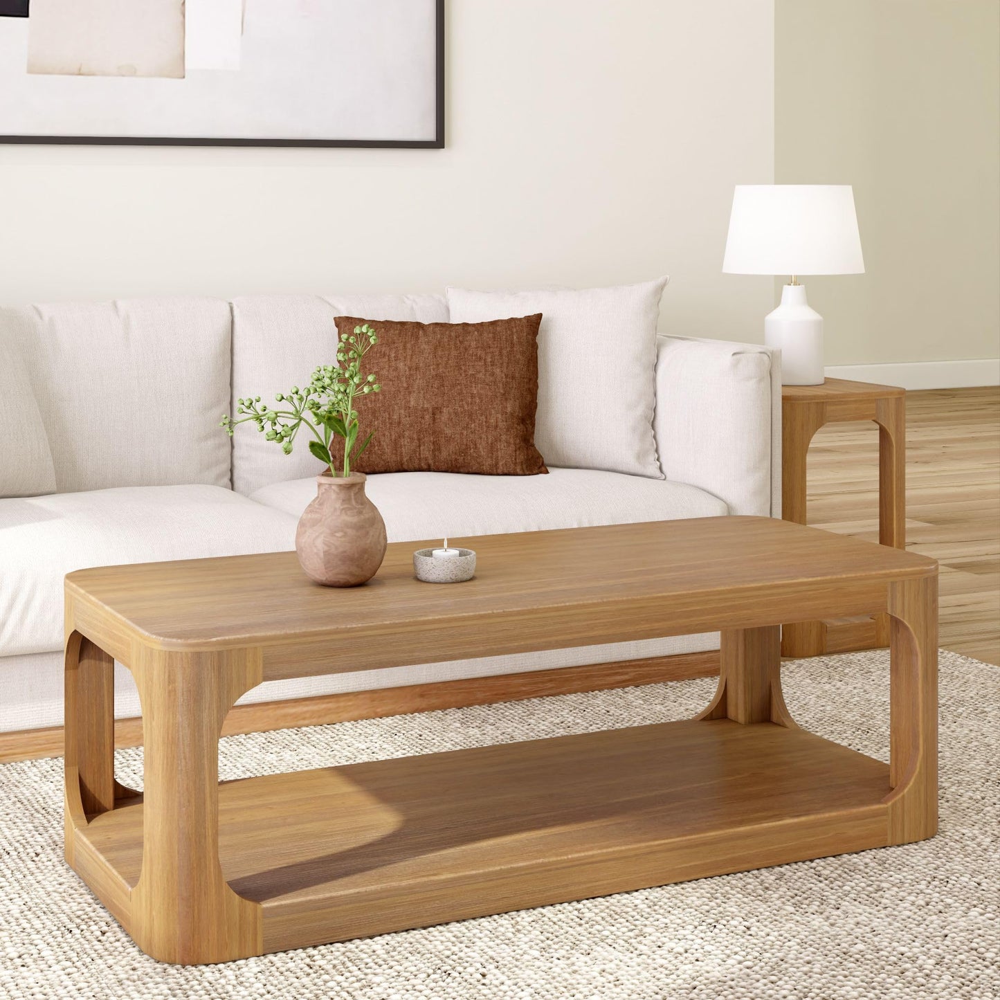 Plank+Beam Forma Coffee Table, 54 Inch Modern Coffee Table with Shelf, Contemporary Center Table with Storage Space, Rectangle Tea Table with Storage, Pecan
