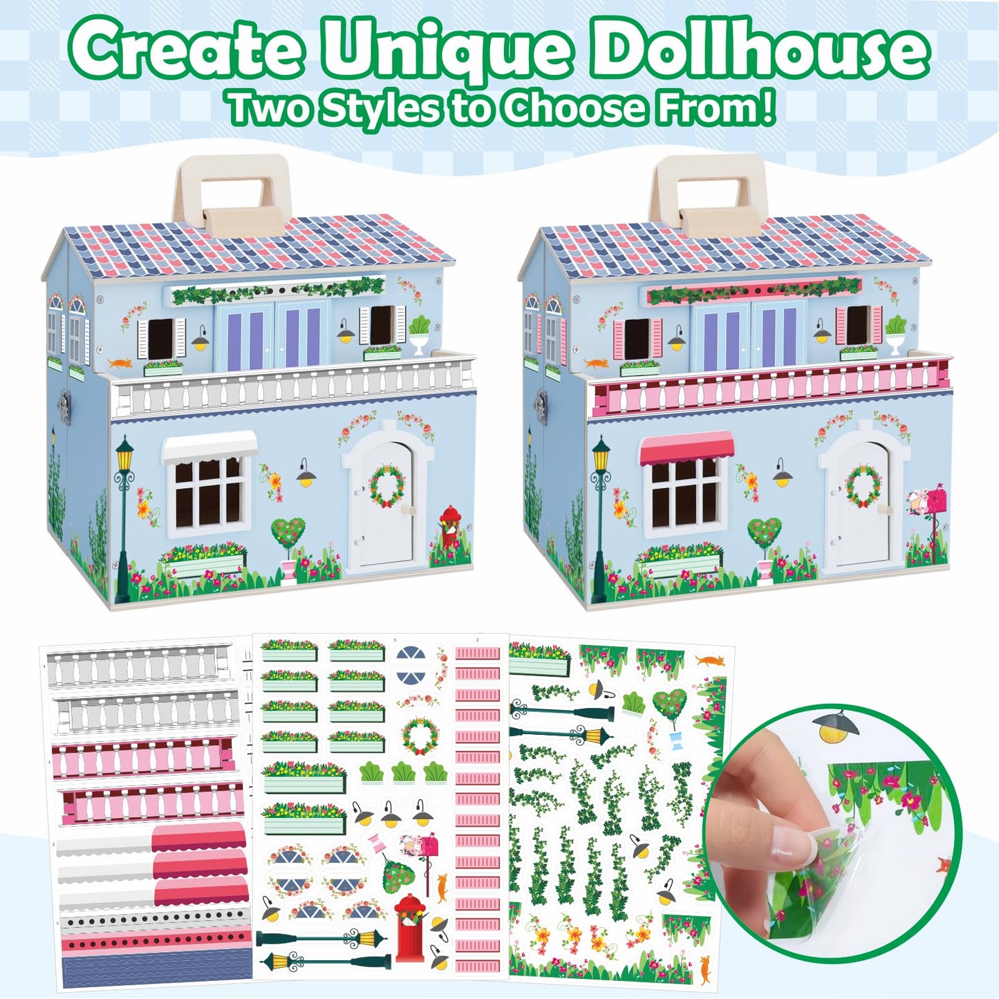 SIMPLIPLAY DIY Portable Wooden Dollhouse, Pretend Play Doll House Set with 4 Rooms, 13 Furnitures, 2 Dolls, 3 Sticker with 2 Styles, 1 Wooden Ladder, Doll House for 3+ Year Old Kids Boys Girls Gift