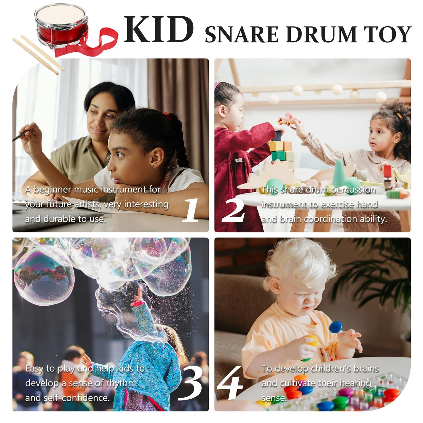 Vaguelly 9 Inch Kids Drum with Mallet and Strap, Snare Drum Wooden Percussion Musical Instrument Marching Toy for Kids 3+, Red