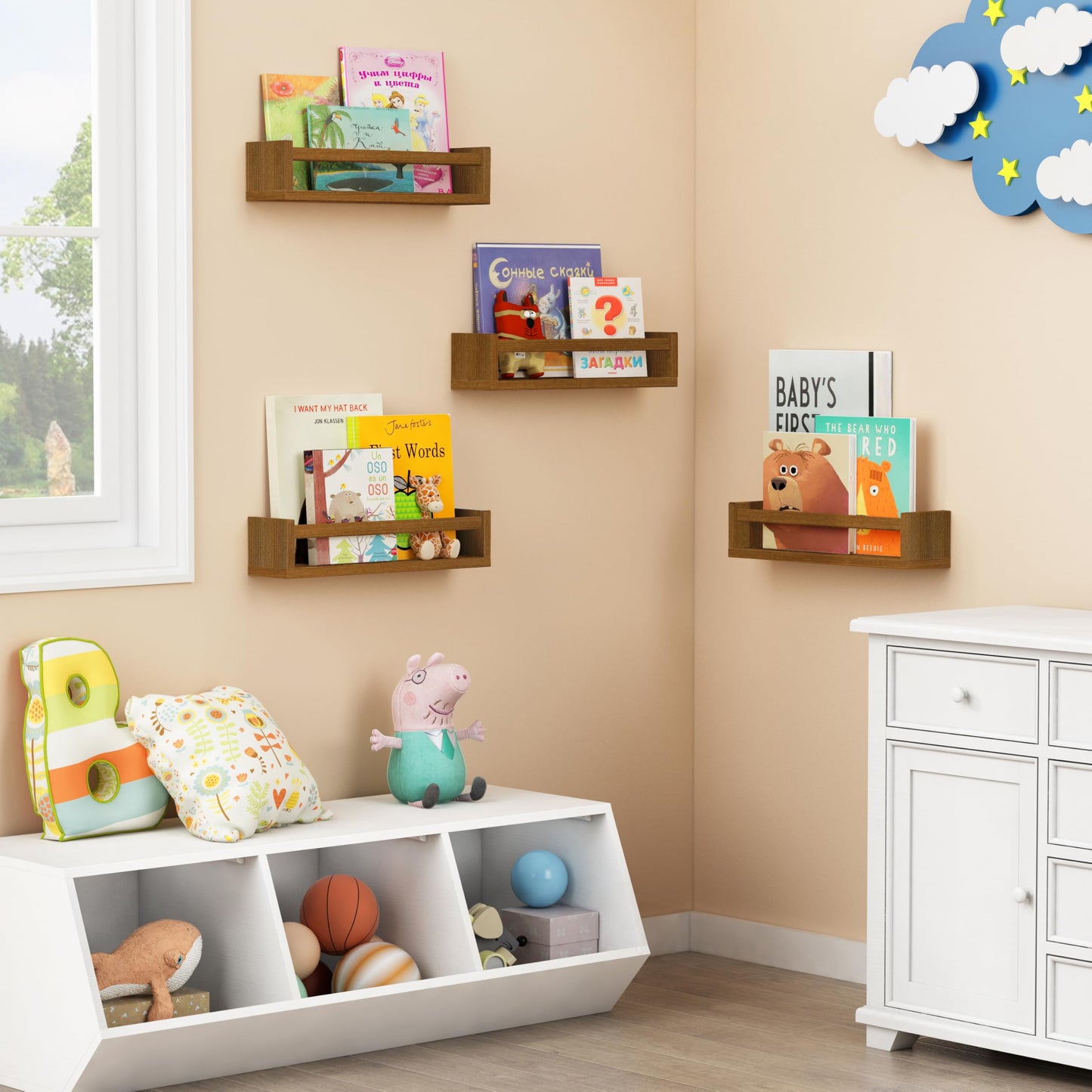 Forbena Dark Wood Nursery Kids Bookshelf Wall Mounted, Wooden Floating Nursery Book Shelves for Wall, Hanging Kids Bookshelves for Toddler Baby Room Bedroom Bathroom (Solid Pine, Walnut Brown, 4 Pack)