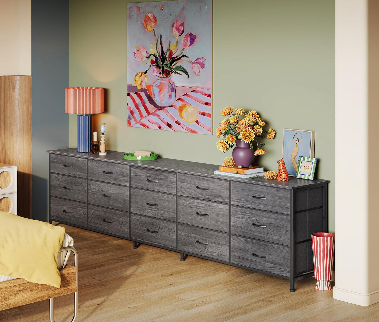 Huuger 86.6 Inch Dresser for Bedroom, TV Stand for 65, 75, 85 Inch TV, 15 Fabric Drawer Long Dresser, Large Entertainment Center for Bedroom, Wide Chest of Drawer with Storage, Grey