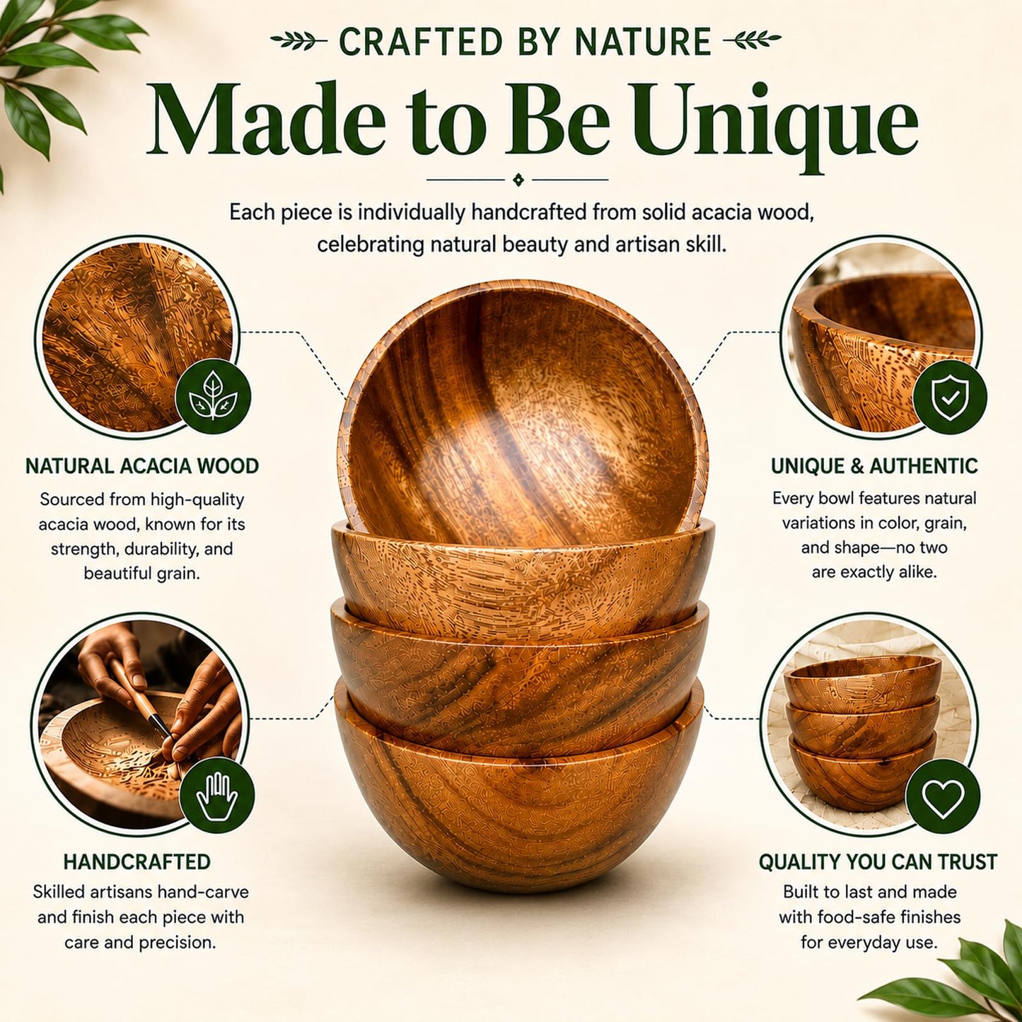 WRIGHTMART Small Wooden Bowls Set of 4, 5 Inch Solid Acacia Wood Bowls, Joint-Free Non-Laminated Snack & Dip Bowls, Handmade Rustic Bowls for Nuts, Desserts, Sauces & Side Dishes