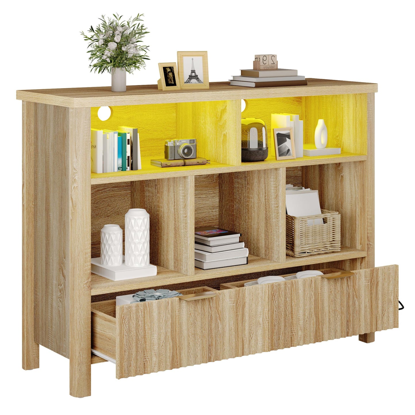 YITAHOME Bookcase with Drawers, Fluted Wood Cubby Storage Organizer Shelf Cube Bookshelf with Adjustable LED Lighting, Modern Horizontal Bookshelf for Living Room, Office, Entryway, Oak