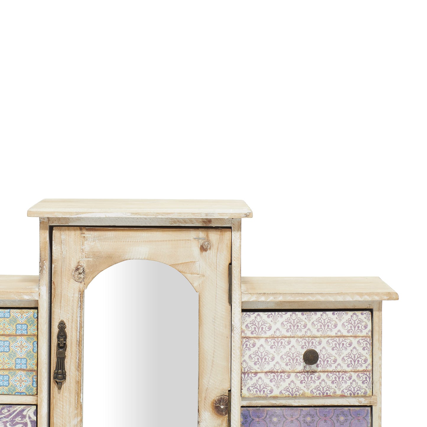 Deco 79 Wooden Decorative Jewelry Box 7 Drawers Jewelry Organizer with Patchwork Patterns, Jewelry Holder 18" x 6" x 16", Light Brown