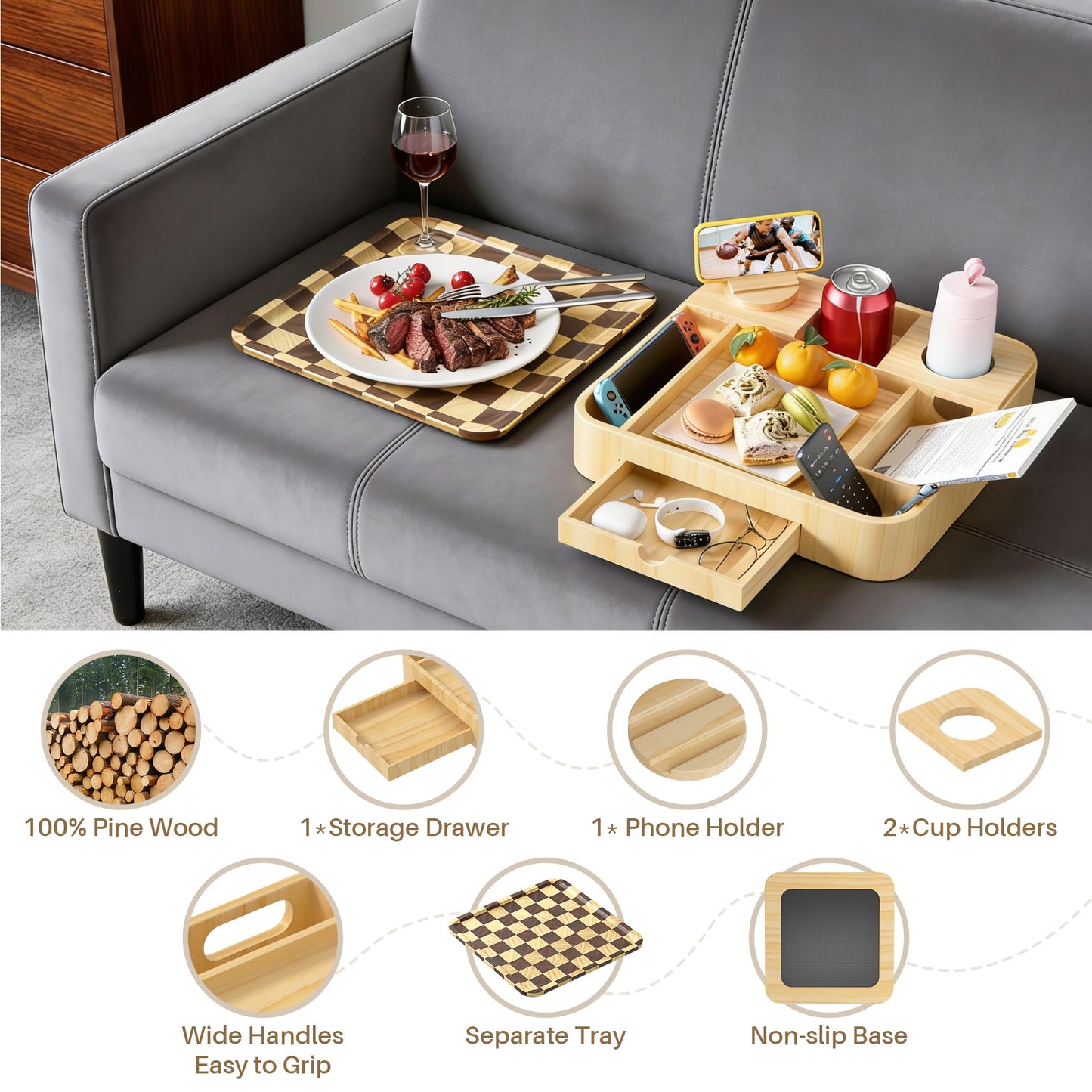 Couch Cup Holder, Checkered Couch Tray Cup Holder Sofa Tray, Large Capacity 2-Tier Wooden Trays with Drawer for Sofa, Bed, Picnic, Drinks, Remote, Cell Phone,TV Trays (Solid Pine Wood)12.5*12.5 in