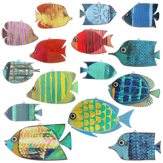 Spiareal 15 Pcs Wood Fish Nautical Wall Decor Wooden School of Fish Wall Art Rustic Hanging Beach Decor Ocean Coastal Theme Vintage Ornaments for Summer Home Lake House Bathroom Bedroom(Cute)