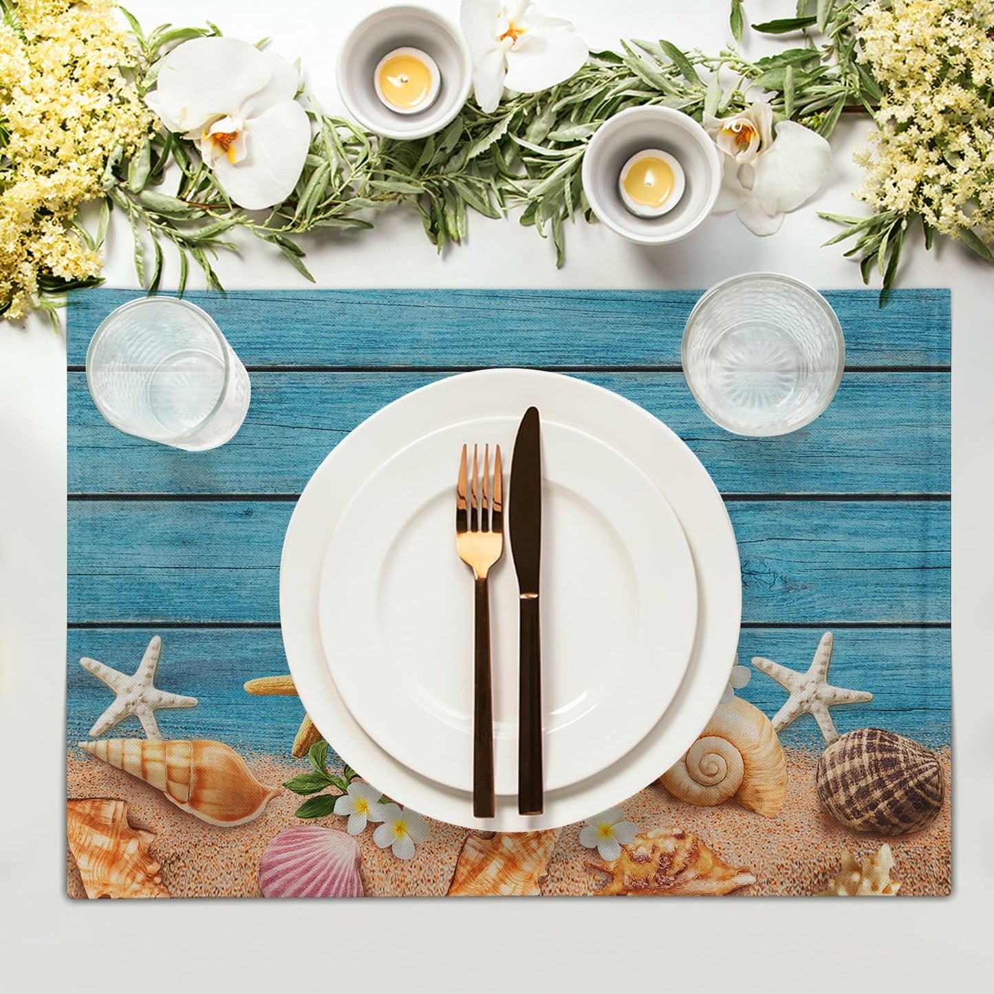 Granbey Nautical Placemats - Coastal Beach Place Mats Set of 4 Navy Blue Summer Wooden Seashell Beachy Cloth Table Mats for Kitchen Home Decor Dining Table