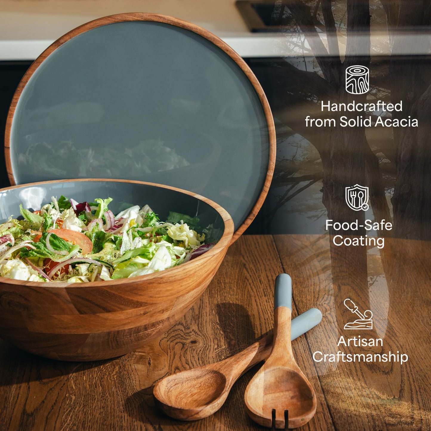 Large Wooden Salad Bowl Set 12.5 Inch with Serving Utensils, Tray Lid and Carry Strap. Acacia Wood Large Salad Bowls Ideal for Fruits and Dishes, Wooden Bowls for Food, Serving and Fruit Bowl