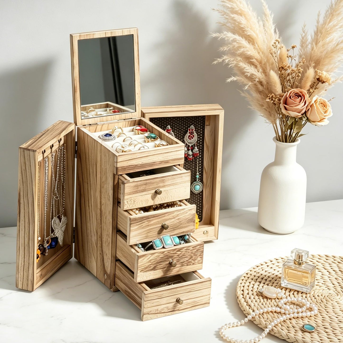 GUOER Jewelry Box for Women, 5-Layer Wooden Jewelry Organizer with Mirror, 4 Drawers & Side Doors for Necklaces, Rings, Earrings, Rustic Torched Wood