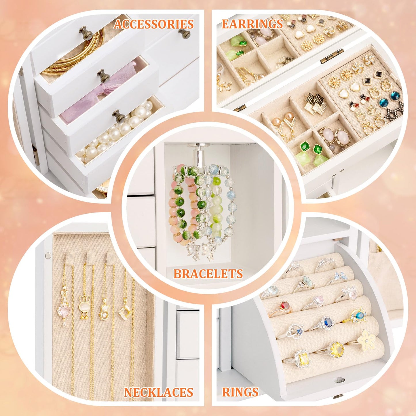 SINGBLA Jewelry Box Organizer, Farmhouse Wooden Jewelry Boxes for Women Girls, 6 Layer Jewelry Case Storage with Bracelet Holder Display Hooks for Necklaces Earrings Rings Bracelets (Weathered White)