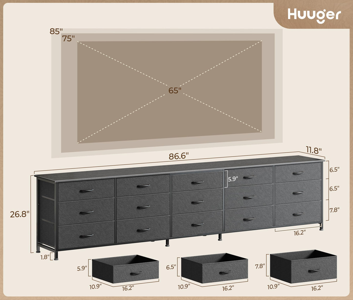 Huuger 86.6 Inch Dresser for Bedroom, TV Stand for 65, 75, 85 Inch TV, 15 Fabric Drawer Long Dresser, Large Entertainment Center for Bedroom, Wide Chest of Drawer with Storage, Black