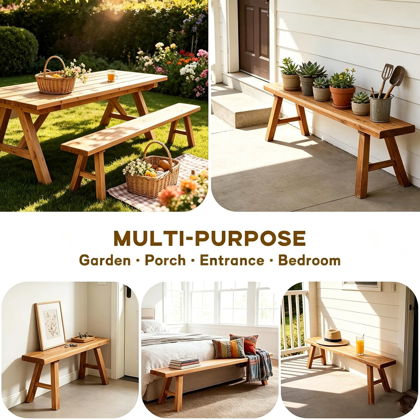 ConveniBee Farmhouse Indoor Wooden Living Room Dining Bench, Asian Natural Wood Kitchen Entryway Benc with Armless Design and Short Height, Solid Wood Shoe Bench Entryway Benches (47.2 * 10.2 * 17.7)