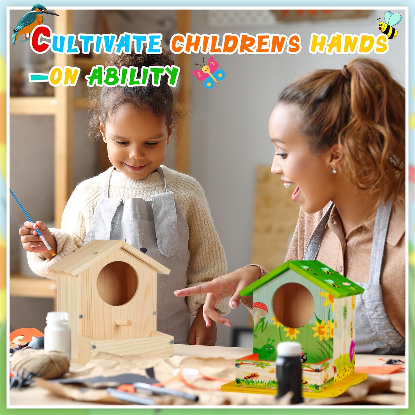 Liliful 12 Pack DIY Wooden Birdhouse Kit, Crafts for Kids and Adults, Bird House with Paint and Paintbrushes Painting Kits for Boys and Girls, Spring Birthday Classroom Gifts for Ages 4-8