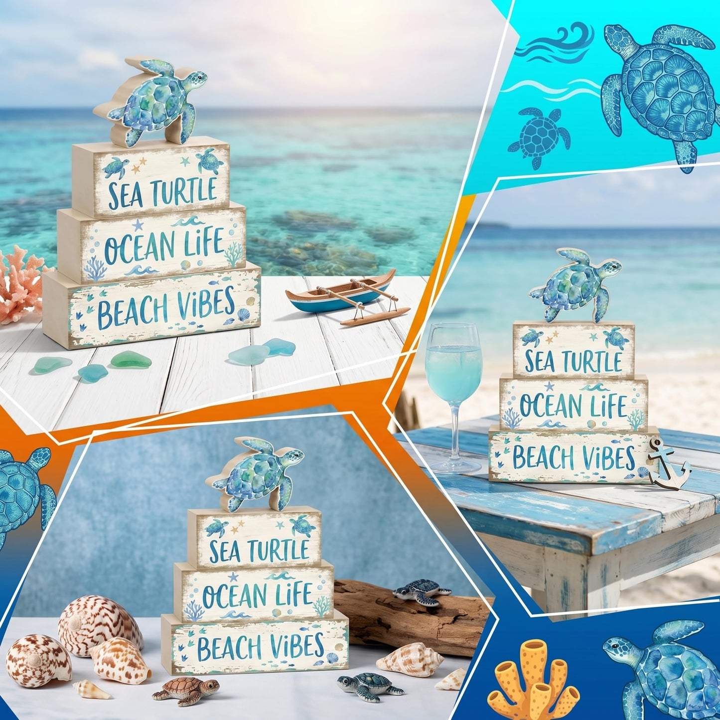 4 Pcs Summer Sea Turtle Bathroom Decor Summer Ocean Table Decorations Beach Tiered Tray Decor Coastal Wooden Signs Shelf Sitter Save The Sea Home Kitchen Office Decorations