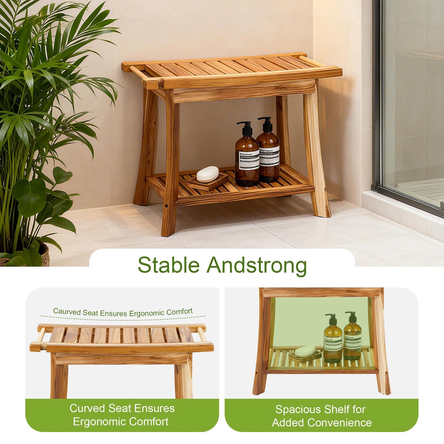 Jekruiet 24" Solid Teak Shower Bench with Towel Bar & Storage Shelf - Waterproof Bath Stool with Fixed Non-Slip Feet, 300lbs Capacity