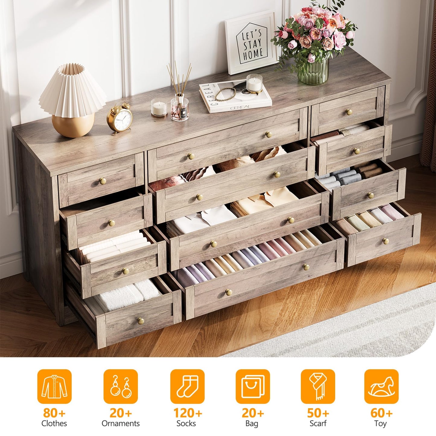 Garvee 12 Drawer Wooden Dressers for Bedroom, Grey Dresser for Adult Bedroom, Modern Wood Chest of Drawers for Living Room, Closet, Entryway, Hallway, Farmhouse Wide TV Stand for 65 Inch TV