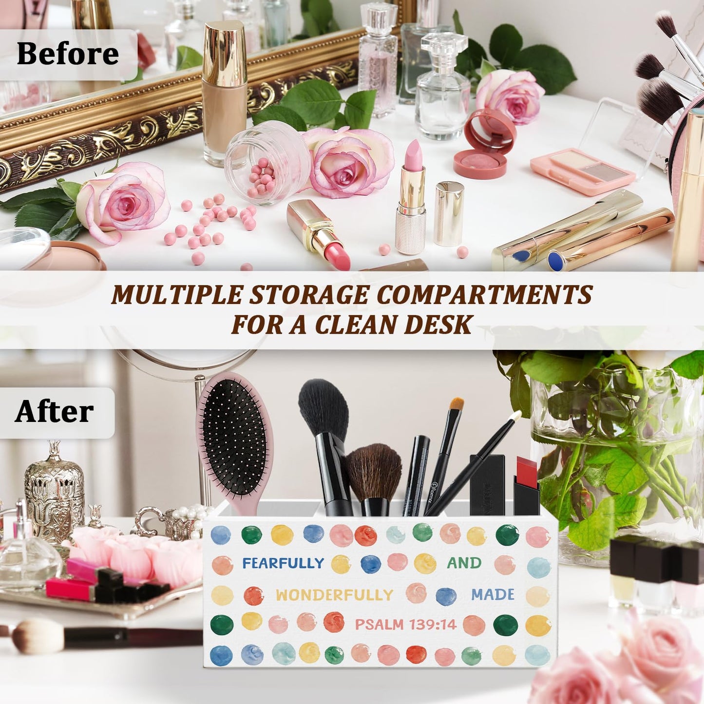 WODMIS Christian Pen Pencil Holder for Desk, Christian Gifts for Women, Fearfully and Wonderfully Made Bible Verse Wooden Box Organizer Decorations for Home Office Desk Accessories Tabletop