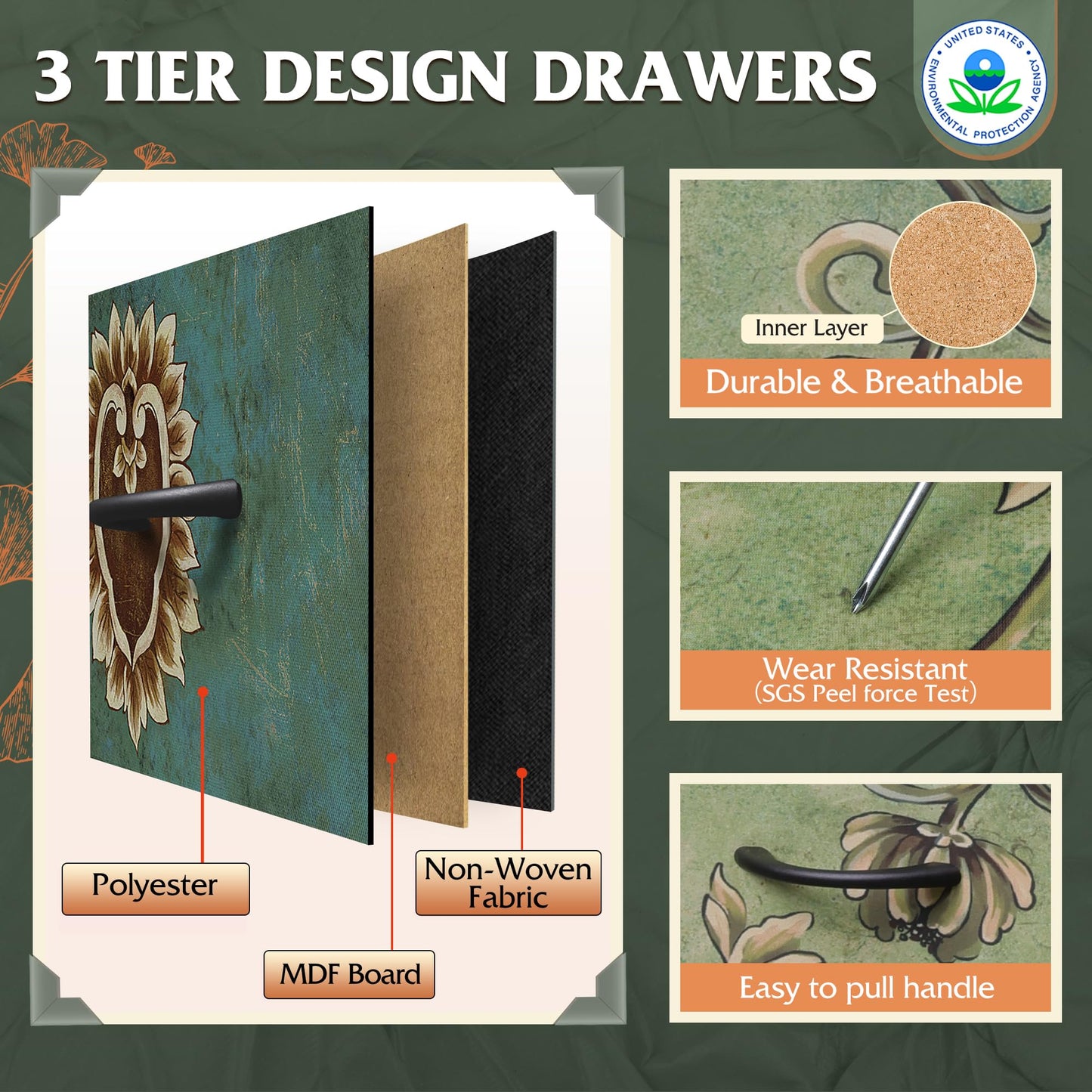 WLIVE Dresser for Bedroom with 6 Fabric Drawers, Closet Dresser with Metal Frame, Wooden Top, Chest of Drawers for Closet, Floral Painted