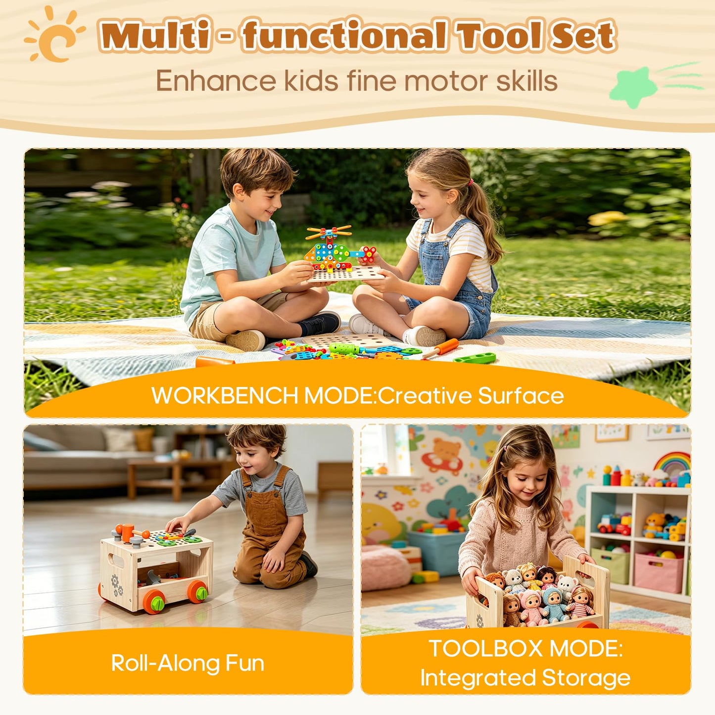 Brownroot Kids Wooden Tool Set, Toddler Workbench with Toy Drill & Storage Cart, STEM Construction Building Toys, Montessori Gift for Boys Girls 3-6