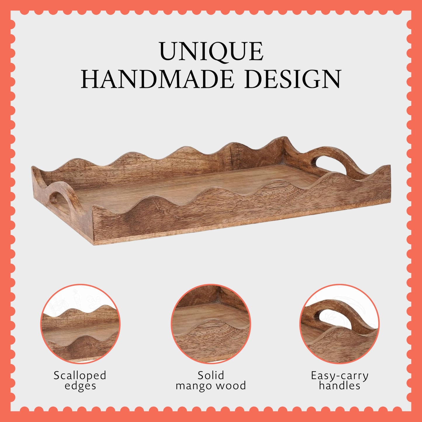 Mela Artisans 16” x 12” x 2.5” Mango Wood Serving Tray with Handles – Ottoman Scalloped White Burnt – Large Handcrafted Wooden Serving Board for Breakfast, Coffee & Home Décor