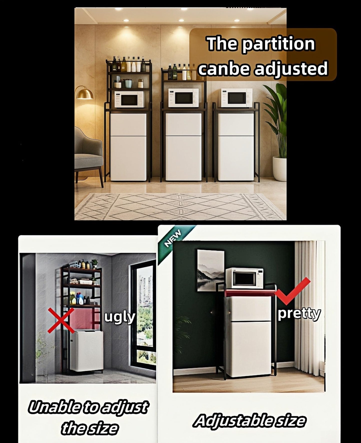 Dorm Mini Fridge Microwave Oven Shelf, with a Free Fridge Hanging Bag, Kitchen Small Fridge Top Space Storage Rack, Wooden and Metal Adjustable Size(23.6" Lx 19.7" W x 58.7" H)