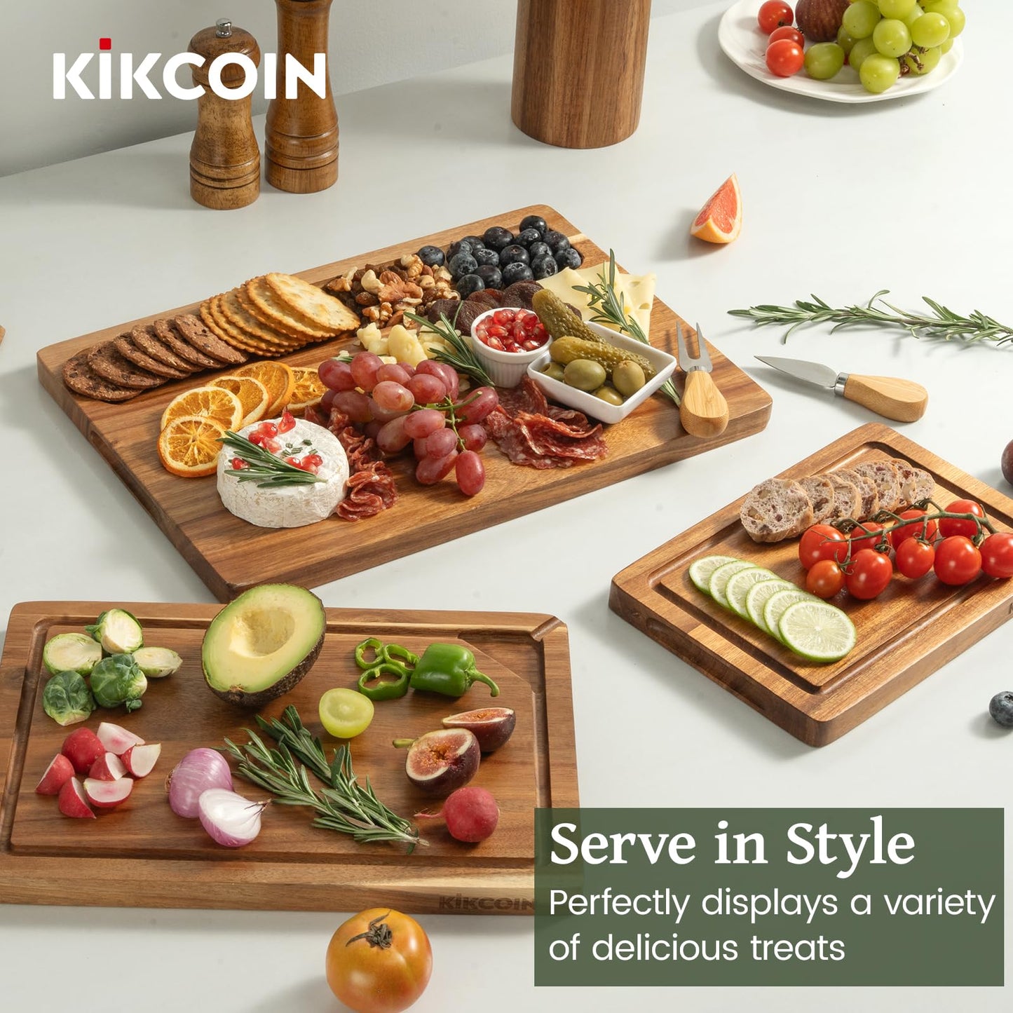 Kikcoin Acacia Wood Cutting Boards for Kitchen, 3 PCS Wooden Cutting Board Set with Holder, Chopping Board with Compartments and Juice Groove, Solid Charcuterie Boards Serving Tray Wood Butcher Block