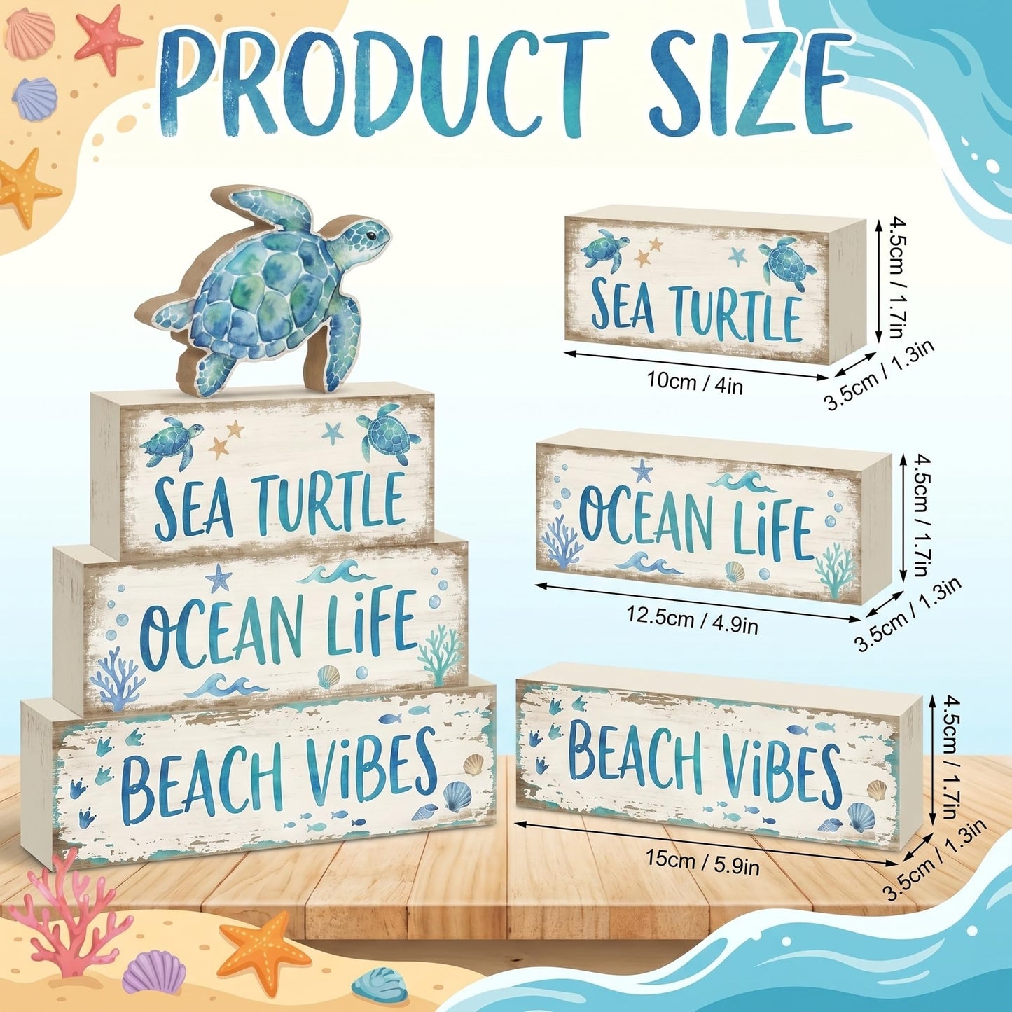 4 Pcs Summer Sea Turtle Bathroom Decor Summer Ocean Table Decorations Beach Tiered Tray Decor Coastal Wooden Signs Shelf Sitter Save The Sea Home Kitchen Office Decorations
