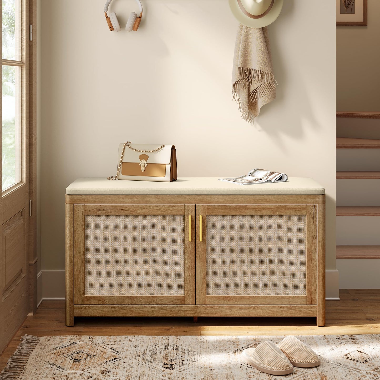 VASAGLE ELLAN Collection - Boho Shoe Bench with Cushion, Entryway Storage Bench with 2 Rattan-Look Cabinet Doors, Rounded Corners, Adjustable Shelf, for Bedroom Under Window, Natural Brown ULSB501KC01