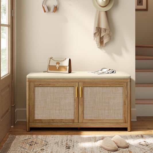 VASAGLE ELLAN Collection - Boho Shoe Bench with Cushion, Entryway Storage Bench with 2 Rattan-Look Cabinet Doors, Rounded Corners, Adjustable Shelf, for Bedroom Under Window, Natural Brown ULSB501KC01