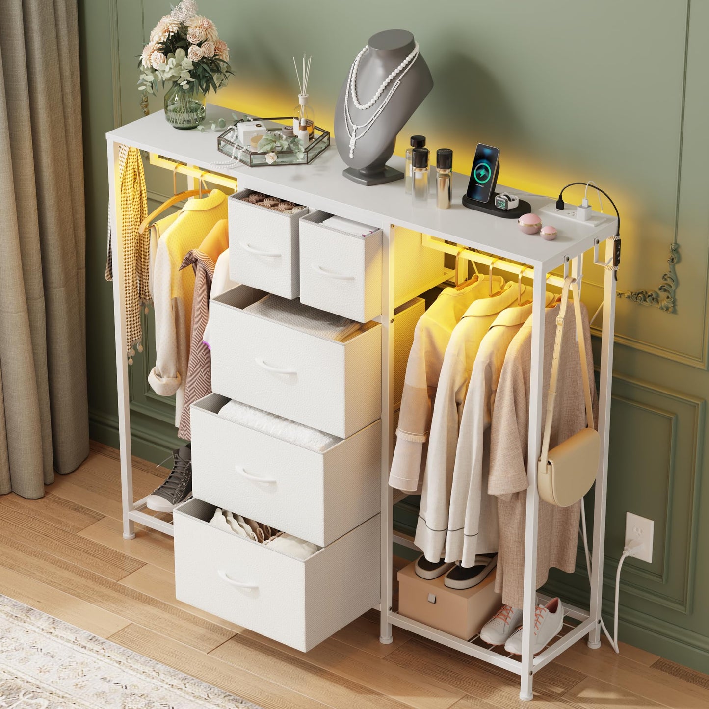 HIGDBFE 5-Drawer Dresser with 2 Hanging Racks, White, 49.2" W