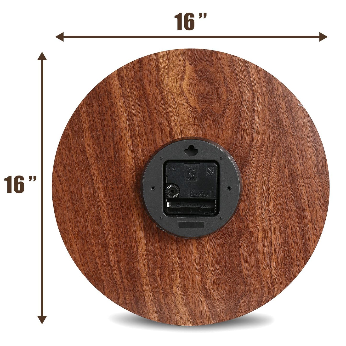 Plumeet Extra Large Wall Clock, 16'' Frameless Wooden Wall Clocks with Silent Quartz Movement, Rustic Country Village Walnut Clocks Decorative for Kitchen Bedroom Living Room, Brown